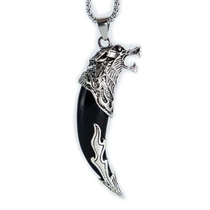 Colgante de collar de equilibrio de acero de titanio con diente de lobo de imitación de Buddha Stones
