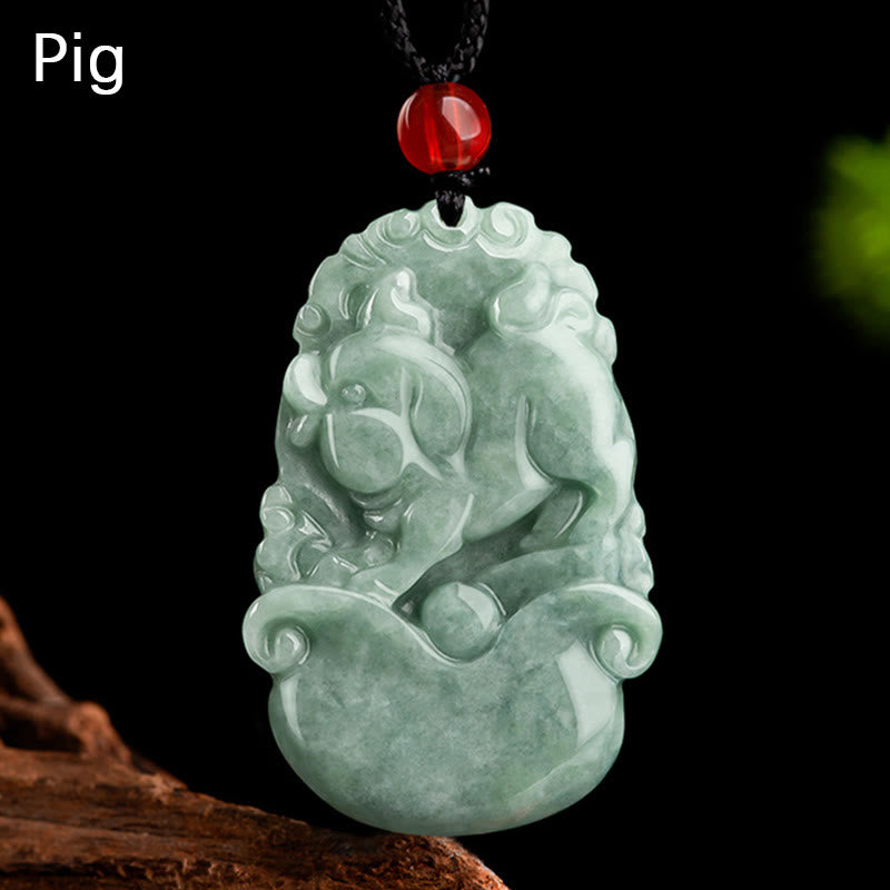 Buddha Stones Jade verde natural 12 Zodíaco chino Suerte Prosperidad Collar Colgante