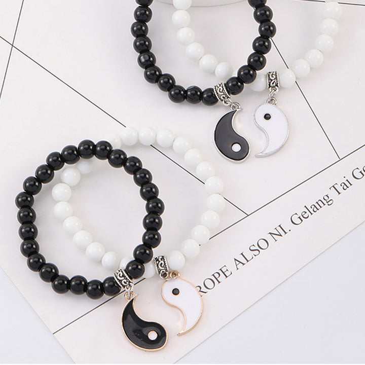 Buddha Stones 2 uds. Pulsera de pareja de protección Yin Yang con cuentas de turquesa blanca y ónix negro