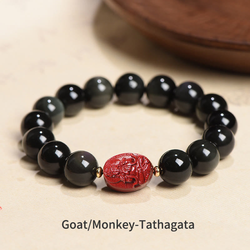 Pulsera de purificación de cinabrio de obsidiana negra Natural de Buda natal del zodiaco chino con Buddha Stones