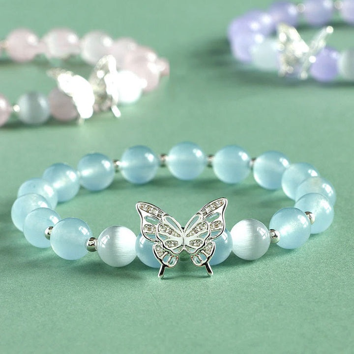 Buddha Stones Calcedonia Azul Cristal Rosa Calcedonia Púrpura Mariposa Pulsera Energética