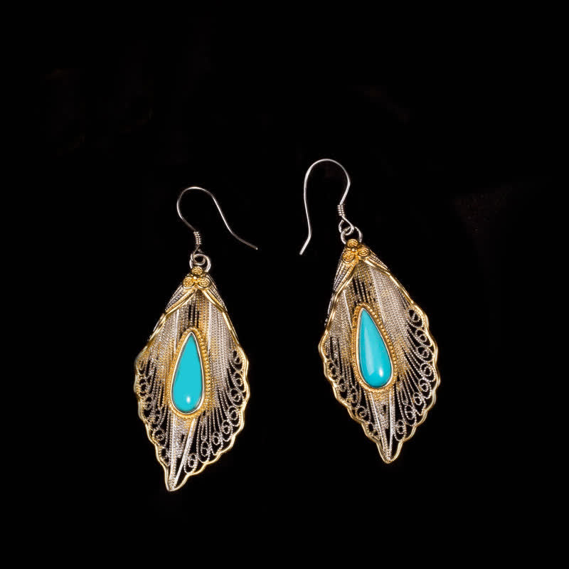 Pendientes colgantes de plata de ley 925 con diseño de hoja de Bodhi turquesa