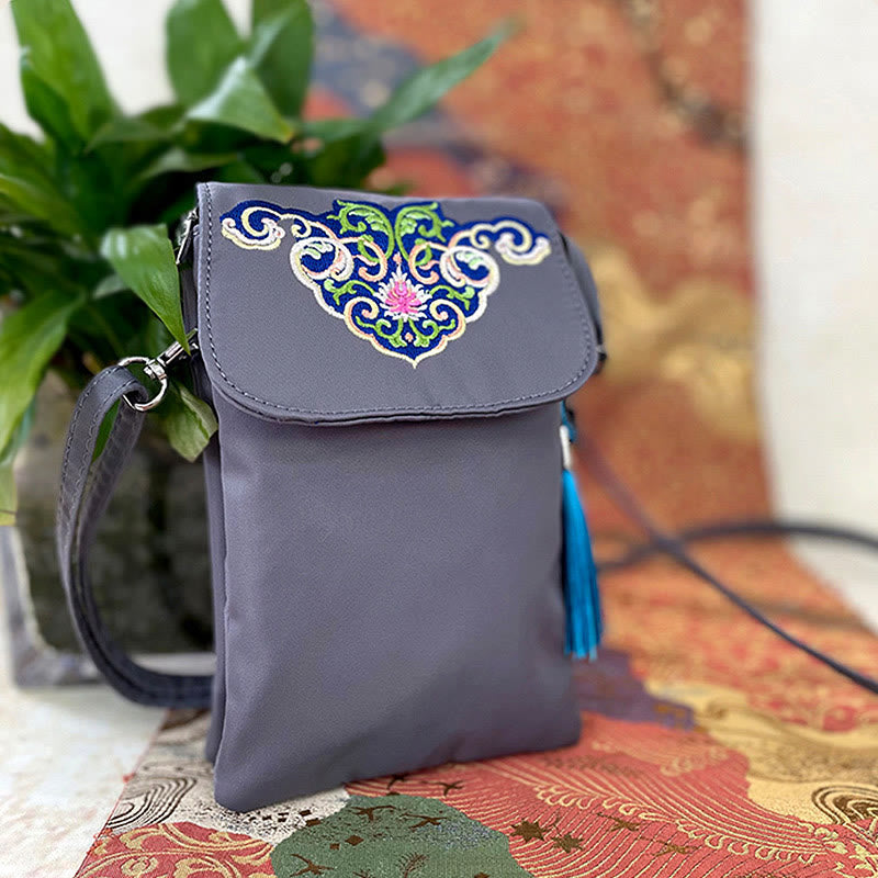 Buddha Stones, resistente al agua, hecho a mano, bordado, flores de loto, bolso de hombro, bolso para teléfono móvil