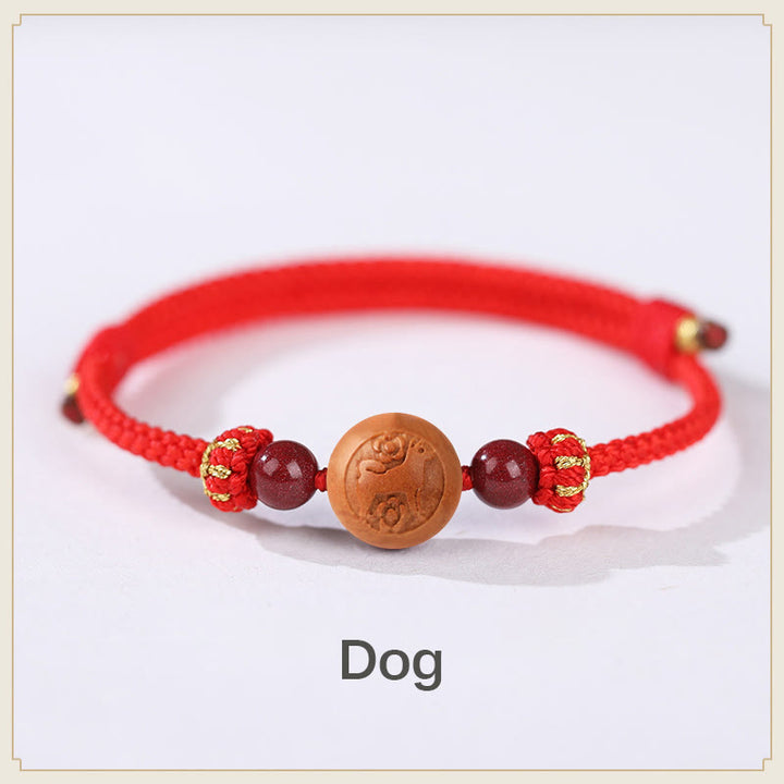 Pulsera de riqueza de cinabrio tallada con carácter del zodíaco chino, madera de melocotón Natural, Buddha Stones - Perro-Rojo (Circunferencia de la muñeca 14-18 cm) - image 9