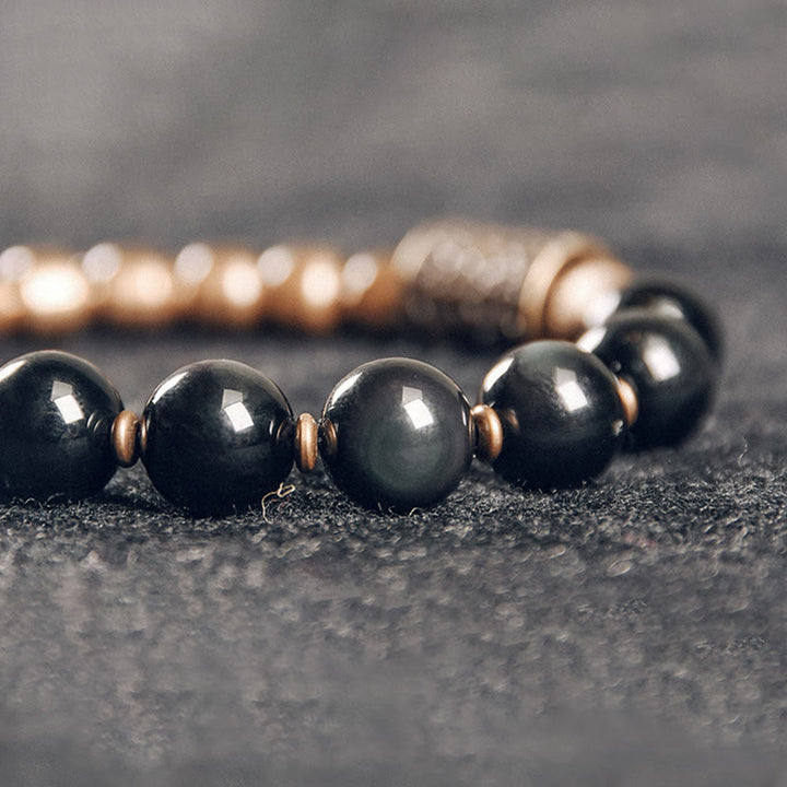 Buddha Stones, piedra de roca de Lava, obsidiana arcoíris, soporte de cobre, pulsera curativa