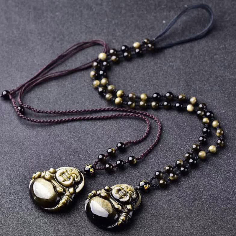 Colgante de collar de riqueza de obsidiana con brillo dorado de Buda sonriente con Buddha Stones - image 3