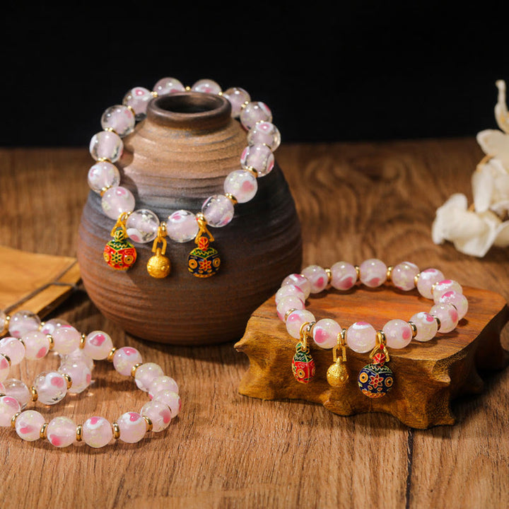 Pulsera de bendiciones con cuentas de cristal Liuli fluorescentes de corazón de amor rosa luminoso con abalorio familiar de bestia tragadora de oro con Buddha Stones