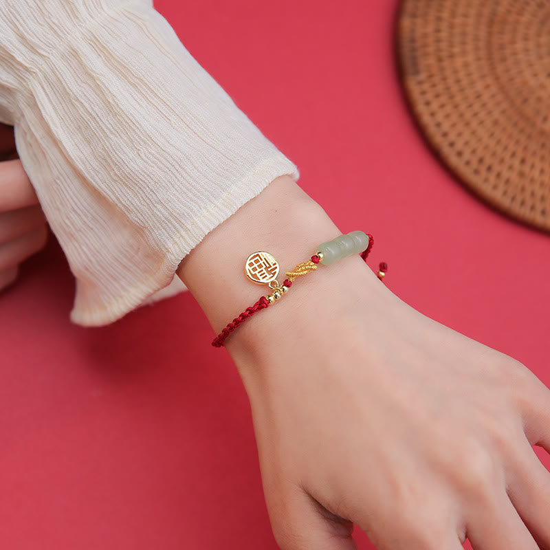 Pulsera de cuerda roja de la suerte con dije de personaje Fu con cuentas de jade hechas a mano con Buddha Stones