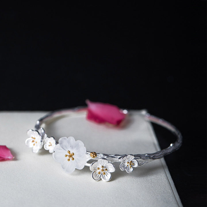 Pulsera ajustable con Buddha Stones de plata de ley 925 con flor de ciruelo y bendición
