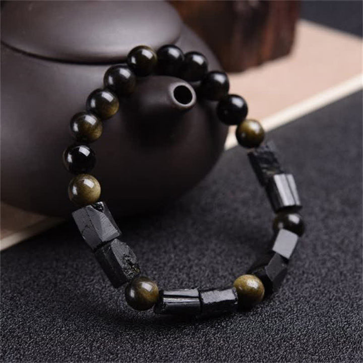 Pulsera de riqueza de turmalina negra obsidiana con brillo dorado de Buddha Stones