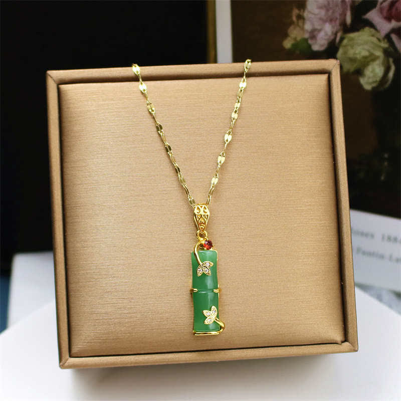 Colgante de collar de protección de la suerte de bambú con Buddha Stones, Jade blanco, cian, Jade