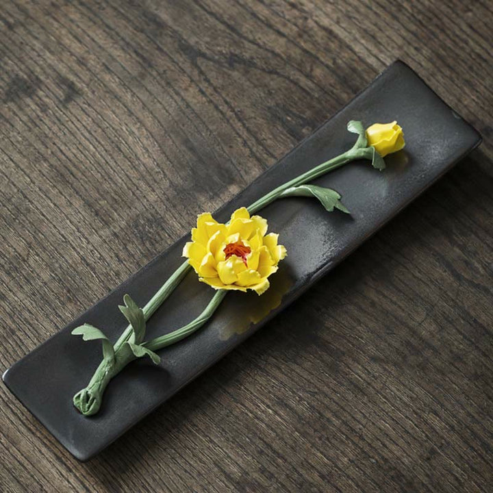 Quemador de incienso espiritual de cerámica con flor de rosa y peonía de loto