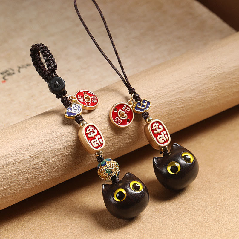 Buddha Stones de madera de ébano, gato de la suerte, nube propicia, llavero de paz, decoración colgante para teléfono - image 1