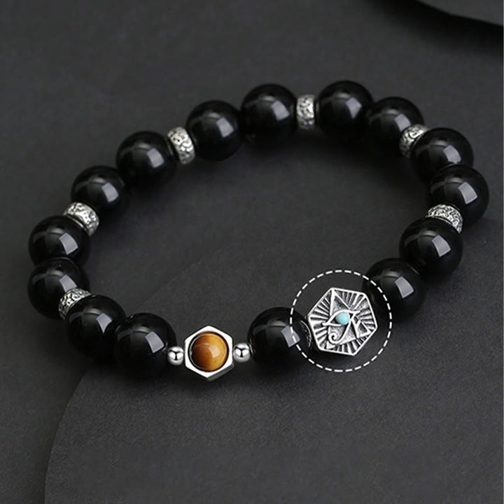 Pulsera de purificación de ojo de tigre de obsidiana negra de plata de ley 925 con Buddha Stones