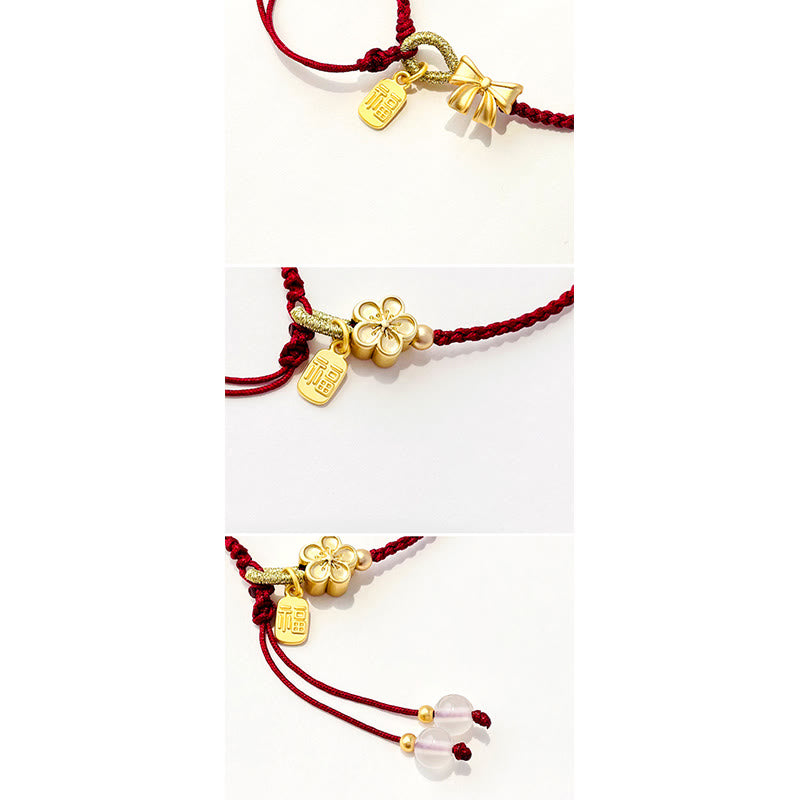 Buddha Stones hechas a mano, flor de melocotón, roseta, lazo, nudo Fu, amuleto, suerte, pulsera de cuerda roja
