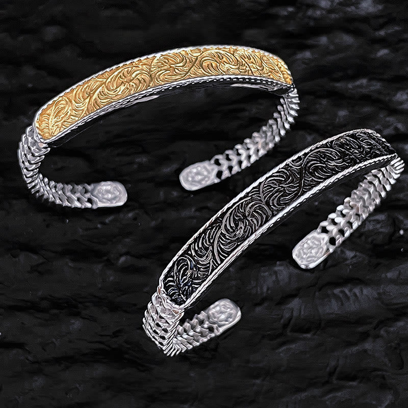 Brazalete de la suerte de cobre grabado con diseño de flor de la dinastía Tang, anillo ajustable
