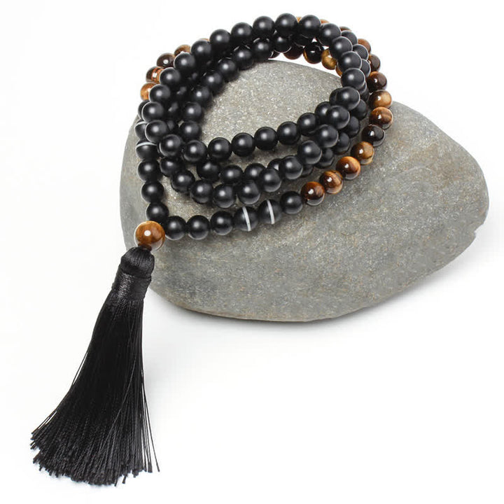 Buddha Stones Ónix negro Ojo de tigre Pulsera de la fortuna Collar con borlas Colgante