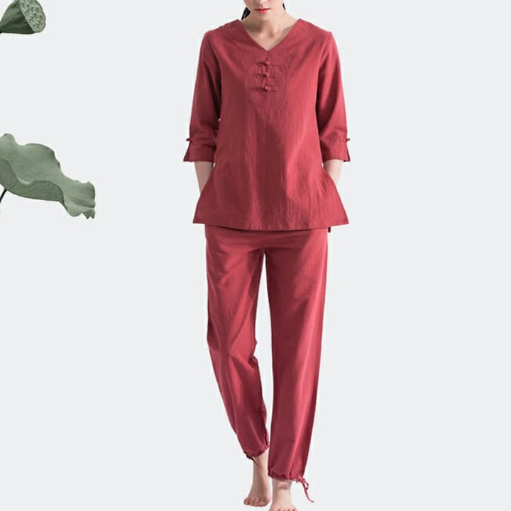 Conjunto de ropa de lino y algodón con diseño de cuello en V para mujer, uniforme de práctica Zen, Buddha Stones, Yoga, meditación y oración