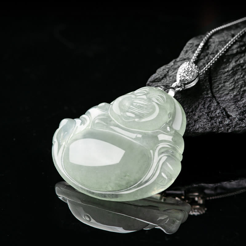Buddha Stones Plata de Ley 925 Jade Natural Buda sonriente prosperidad abundancia cadena collar colgante