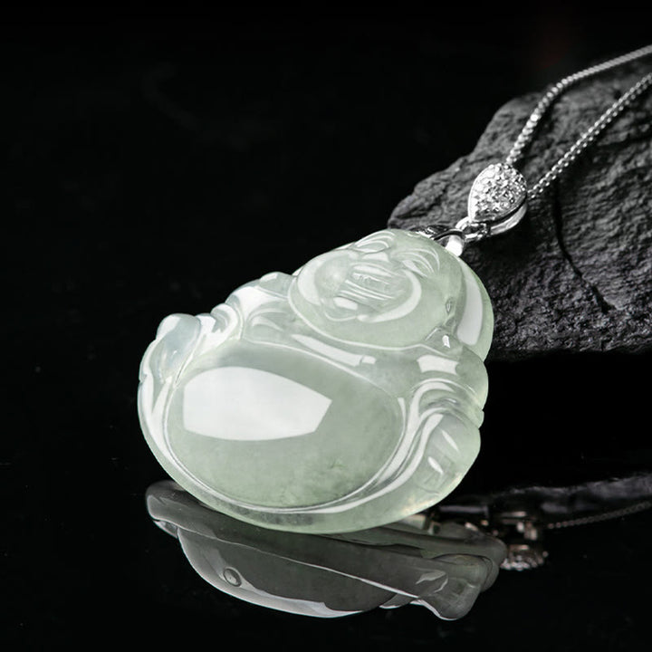 Buddha Stones Plata de Ley 925 Jade Natural Buda sonriente prosperidad abundancia cadena collar colgante