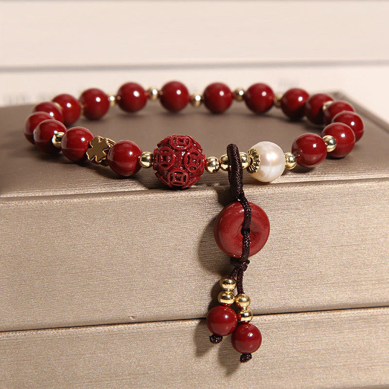 Pulsera de bendición con dije de moneda de cobre con hebilla de paz de cinabrio Natural con Buddha Stones