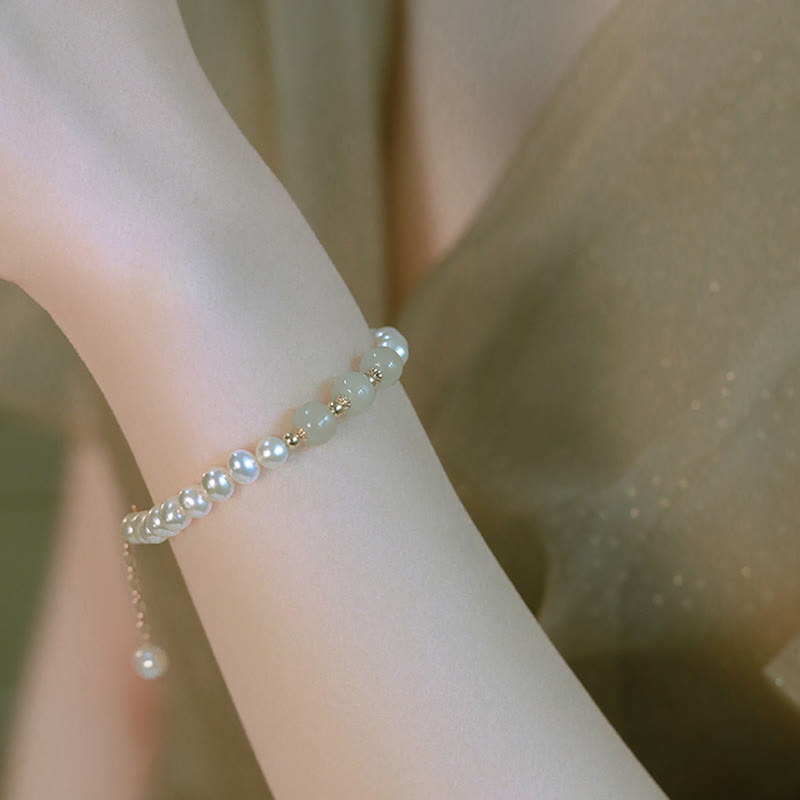 Pulsera de cadena de cuentas de sinceridad de jade blanco de jade cian hetiano con perlas naturales chapadas en oro de 14 quilates