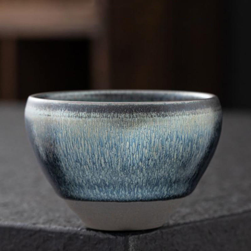Buddha Stones Vintage chino plata azul Jianzhan horno cambio porcelana taza de té Kung Fu