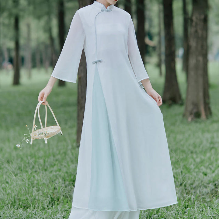 Vestido midi Cheongsam de gasa con manga tres cuartos y Buddha Stones , pantalones de pierna ancha, ropa de práctica Zen para meditación