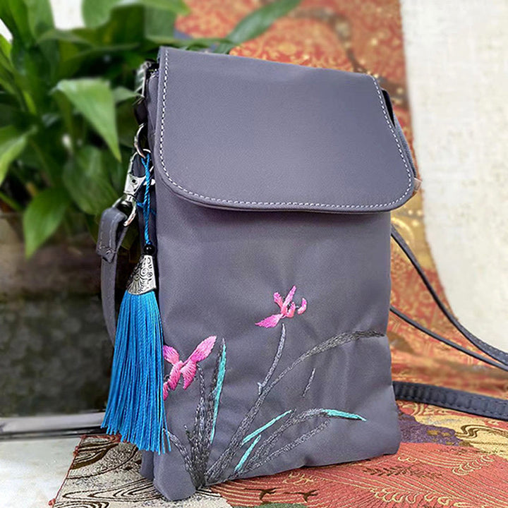 Buddha Stones, resistente al agua, hecho a mano, bordado, flores de loto, bolso de hombro, bolso para teléfono móvil
