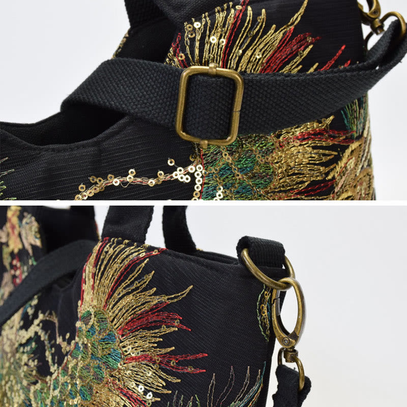 Bolso de mano con bordado de doble cara de pavo real con Buddha Stones, bolso bandolera