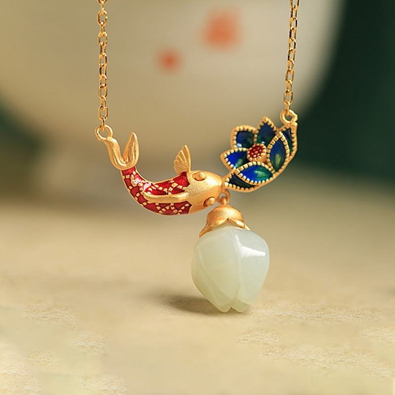 Collar con colgante de plata de ley 925 con Buddha Stones , jade blanco, pez koi y loto - image 2