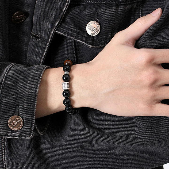 Pulsera de cumplimiento Om Mani Padme Hum de ojo de tigre de obsidiana negra de plata de ley 999 con Buddha Stones
