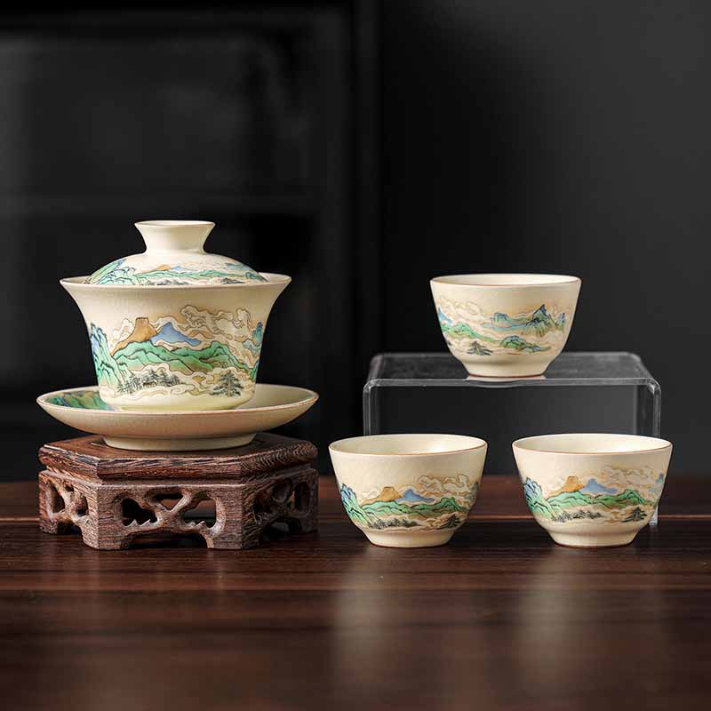 Buddha Stones, un panorama de ríos y montañas, flores, taza de té de cerámica Gaiwan Sancai, taza de té de Kung Fu y platillo con tapa
