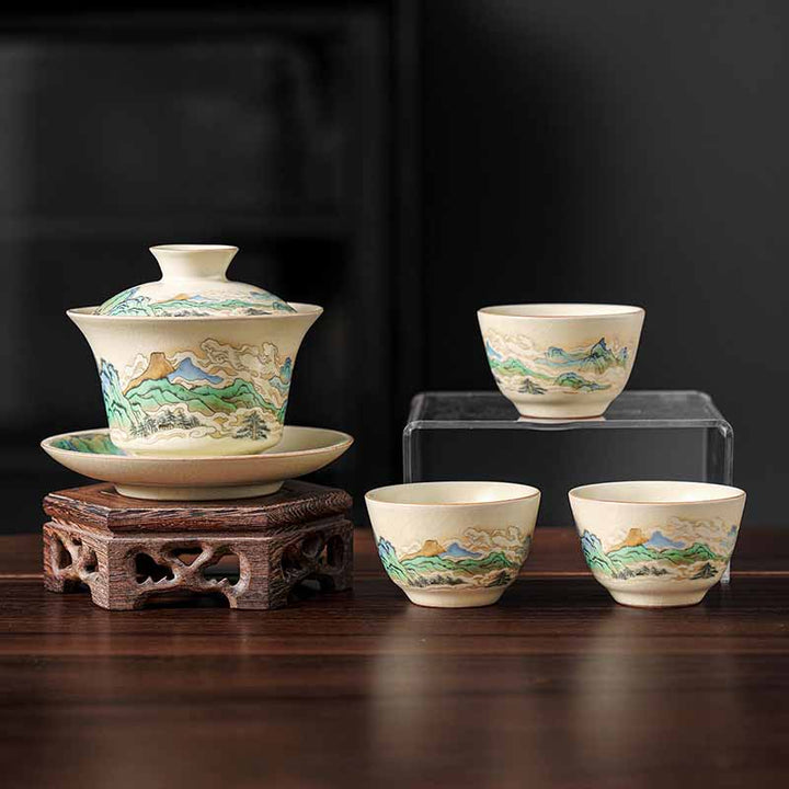 Buddha Stones, un panorama de ríos y montañas, flores, taza de té de cerámica Gaiwan Sancai, taza de té de Kung Fu y platillo con tapa