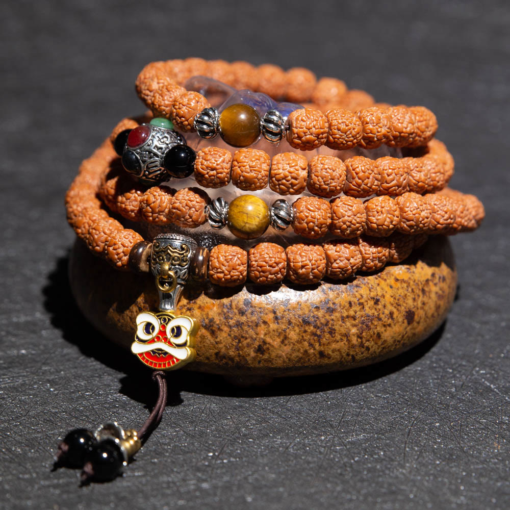 Tíbet 108 Mala cuentas Rudraksha Bodhi semilla zodiaco chino Buda Natal pulsera con dijes de riqueza