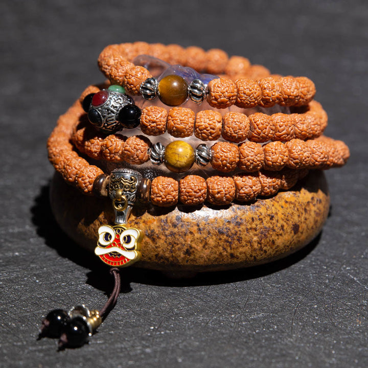 Tíbet 108 Mala cuentas Rudraksha Bodhi semilla zodiaco chino Buda Natal pulsera con dijes de riqueza