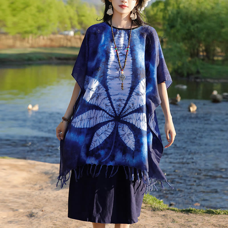 Jersey de viaje acogedor con borlas y chal de Batik azul con Buddha Stones , 95x90cm