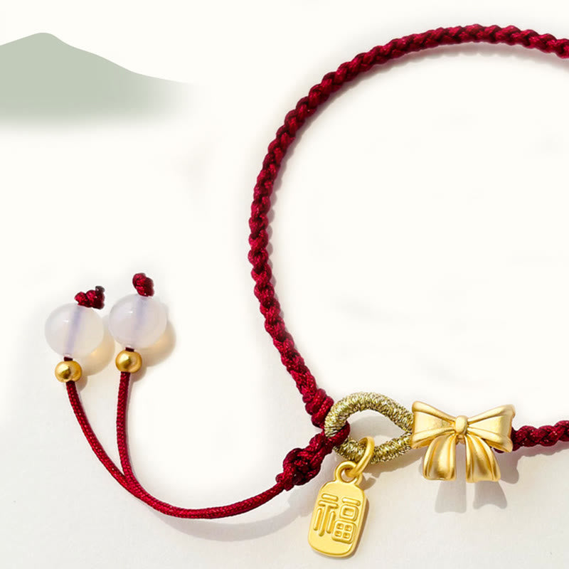 Buddha Stones hechas a mano, flor de melocotón, roseta, lazo, nudo Fu, amuleto, suerte, pulsera de cuerda roja