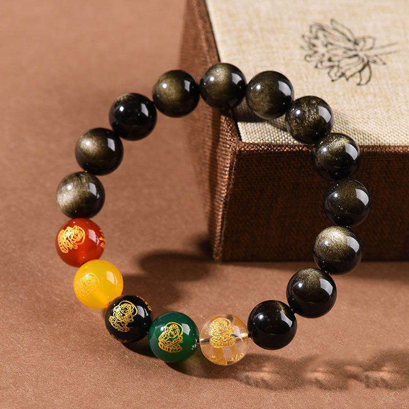 Buddha Stones Obsidiana con brillo dorado Obsidiana arcoíris Obsidiana negra Cinco direcciones Dioses de la riqueza Pulsera