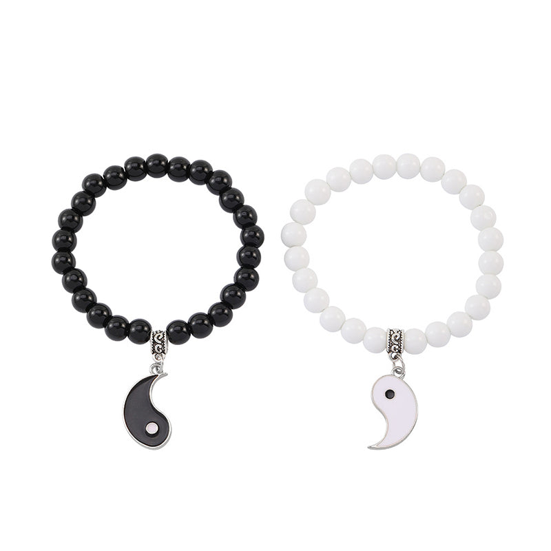 Buddha Stones 2 uds. Pulsera de pareja de protección Yin Yang con cuentas de turquesa blanca y ónix negro