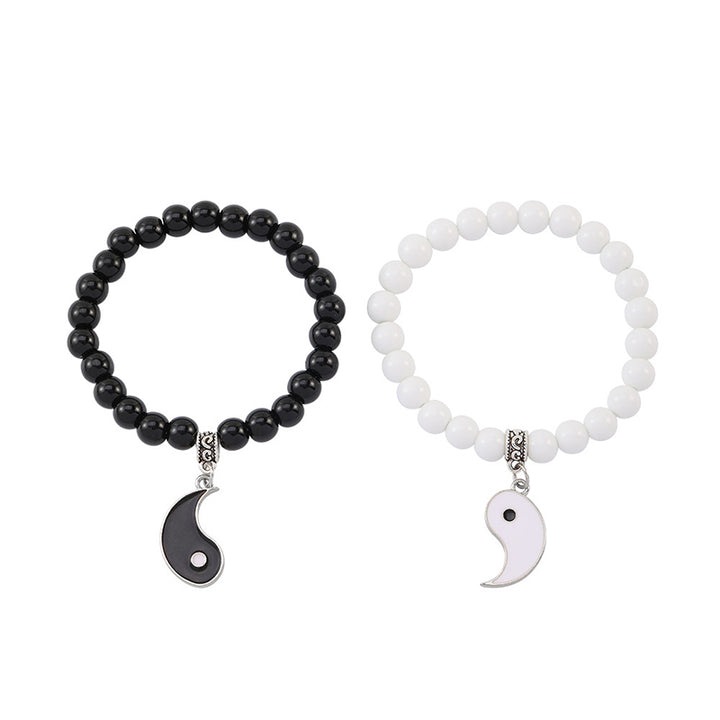 Buddha Stones 2 uds. Pulsera de pareja de protección Yin Yang con cuentas de turquesa blanca y ónix negro