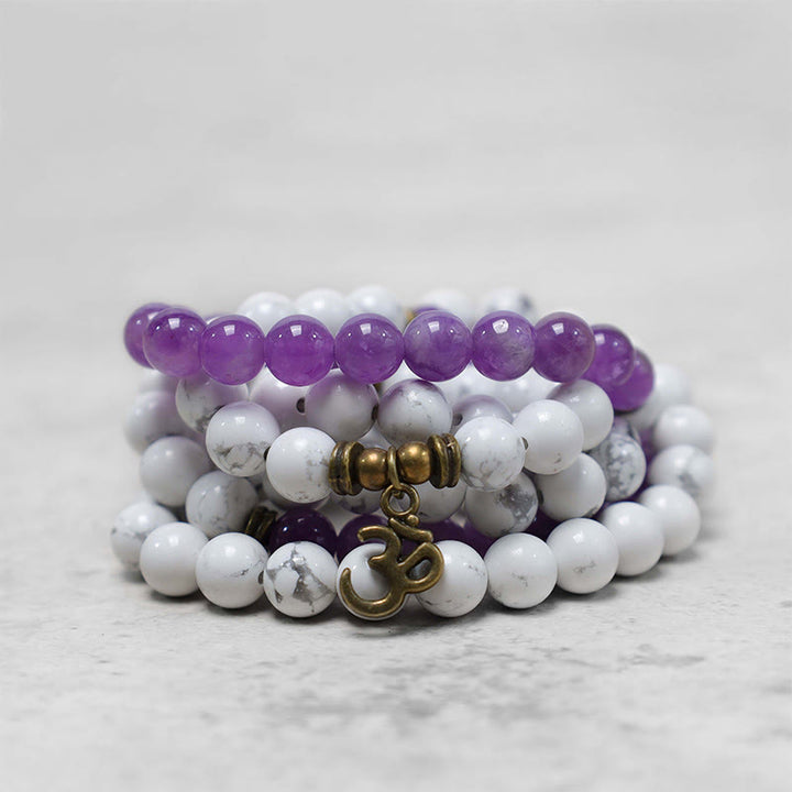 108 cuentas Mala amatista turquesa blanca OM pulsera de energía de meditación curativa
