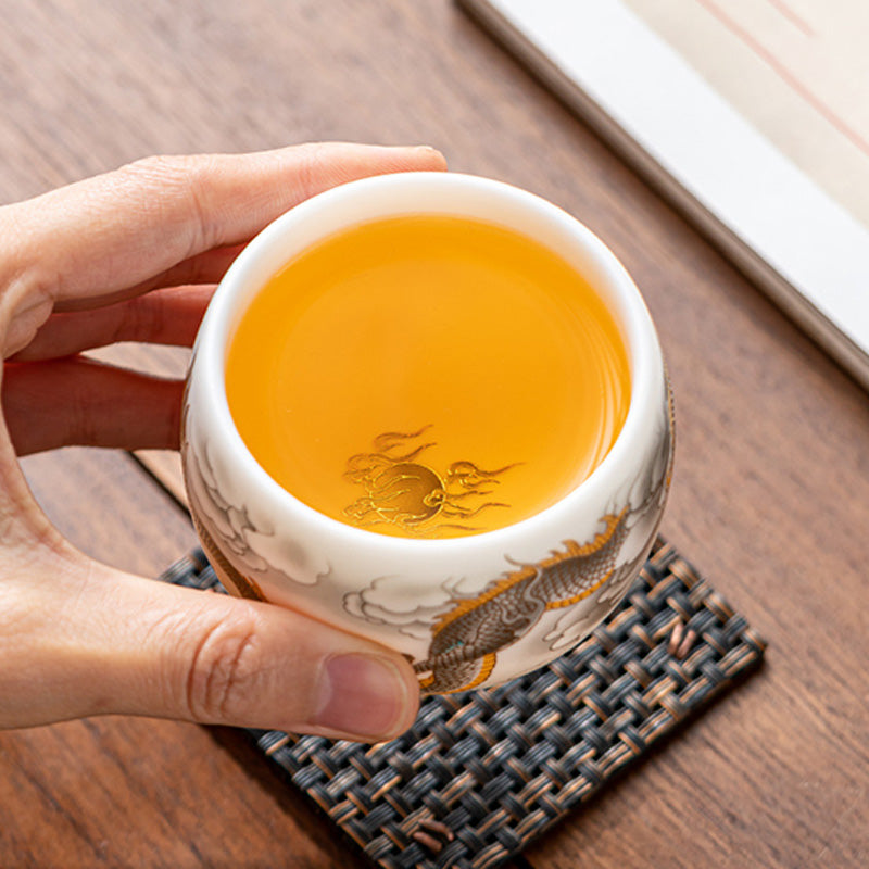 Taza de té de cerámica con caja de regalo, tazas de té de Kung Fu con Buddha Stones , dragón, Fénix, nubes propicias