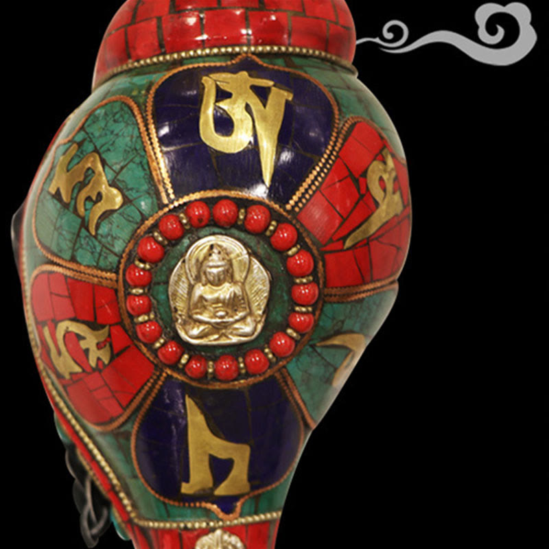 Concha tibetana hecha a mano Shankha Om Mani Padme Hum Buda, decoración de la suerte - image 10