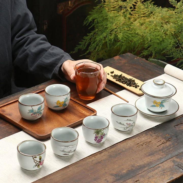 Taza de té de cerámica con Buddha Stones , níspero, lichi, paisaje nevado, uva, manzana, taza de té de Kung Fu
