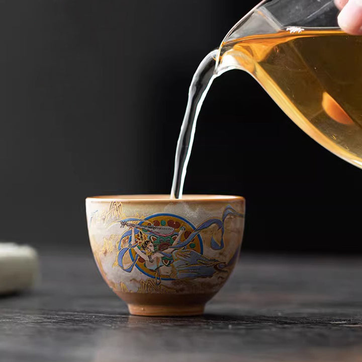 Taza de té de cerámica Gaiwan Sancai de Dunhuang Flying Apsaras con Buddha Stones, taza de té de Kung Fu con tapa