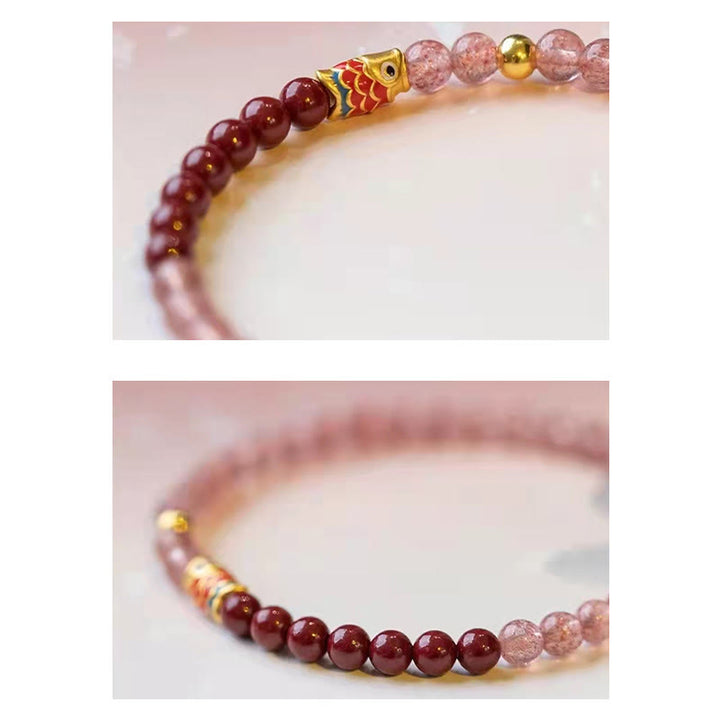 Pulsera curativa de peces Koi de la suerte, cinabrio, cuarzo fresa Natural, Buddha Stones