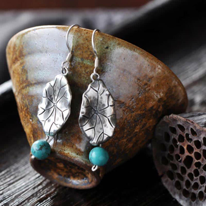 Pendientes colgantes de plata de ley 925 con protección de hoja de loto turquesa