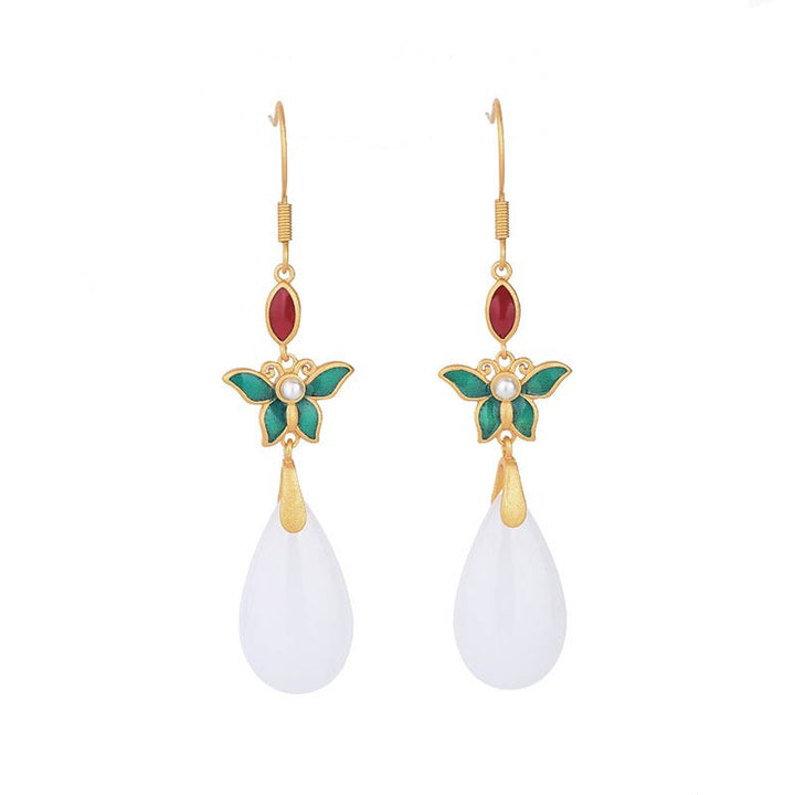 Pendientes colgantes de la suerte de jade blanco FengShui con Buddha Stones
