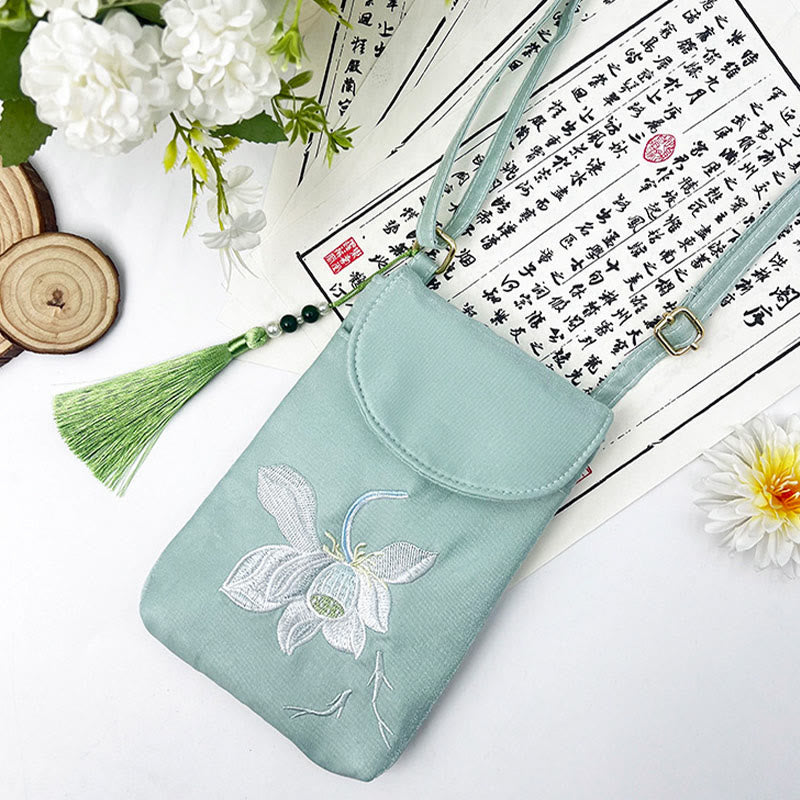 Bolso bandolera con flores bordadas pequeñas y Buddha Stones, bolso de hombro, bolso para móvil de doble capa